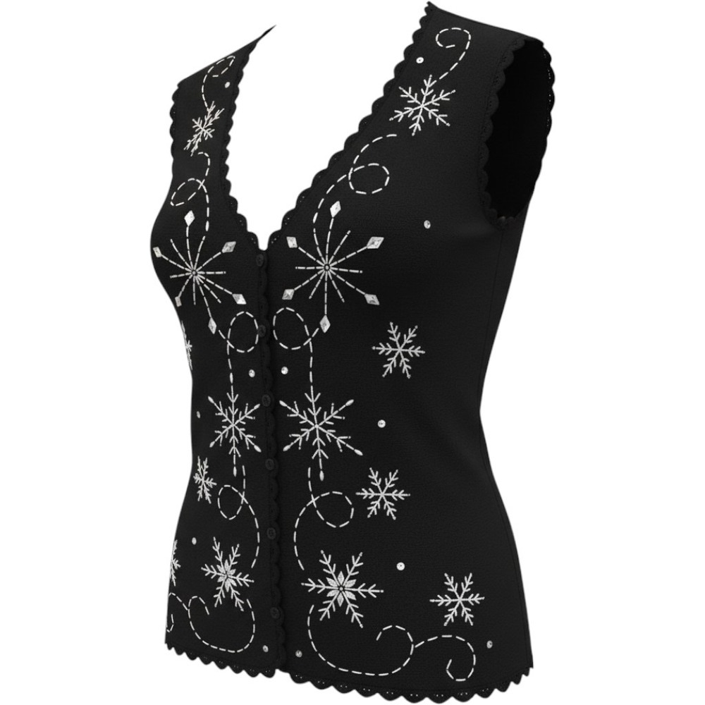 Karen Scott Black Snowflake Embroidered Rhinestone Scallop Trim Cardigan Vest XL